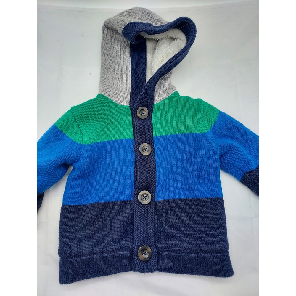 Hanna Andersson Baby Kids Cardigan Sweater 6-12 Months Hooded Knit Blue Green